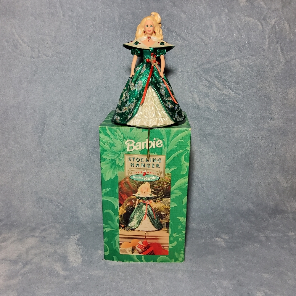 New In Box Vintage 1996 Hallmark Holiday Barbie Stocking Hanger Green Glittery - Picture 2 of 8